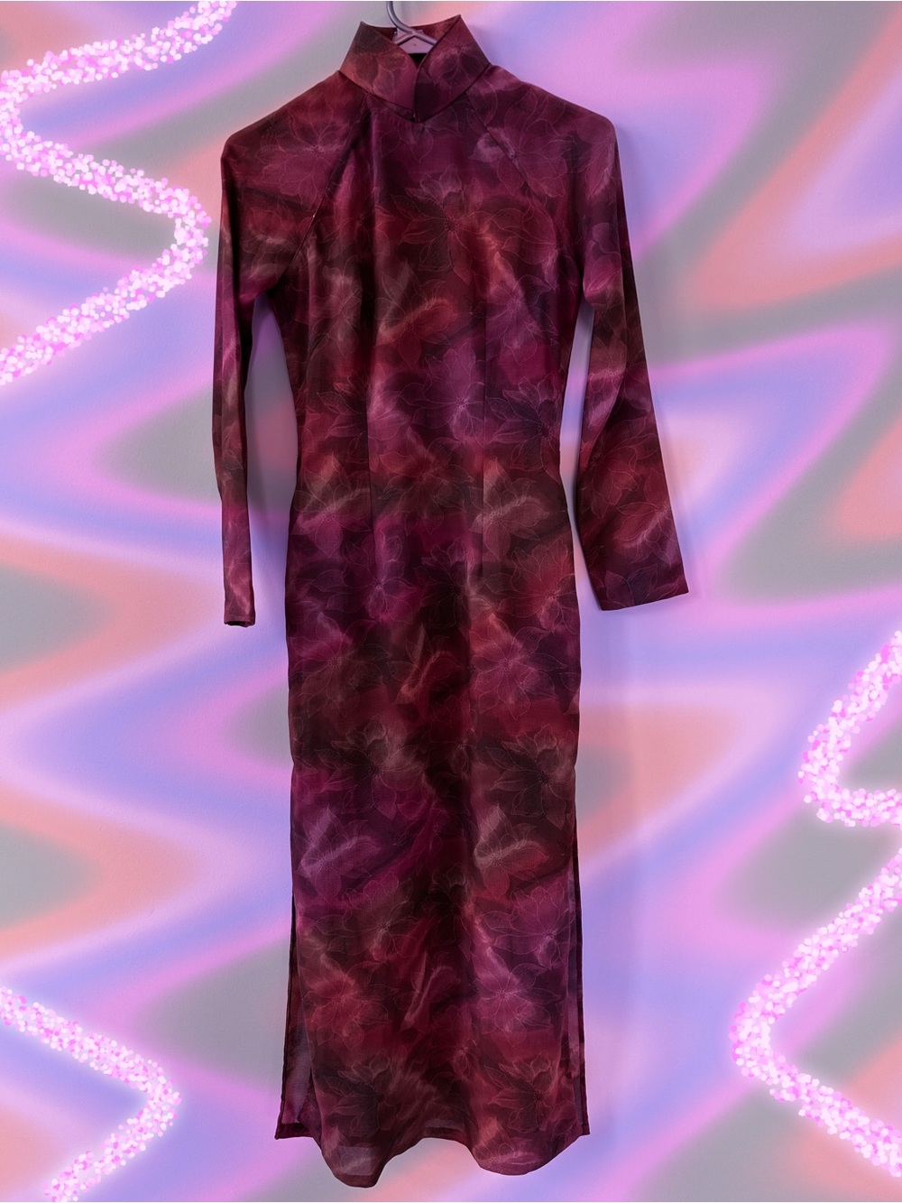 Vintage Cheongasm Floral Long Sleeve Shirt Dress with slits and high neck. RARE!